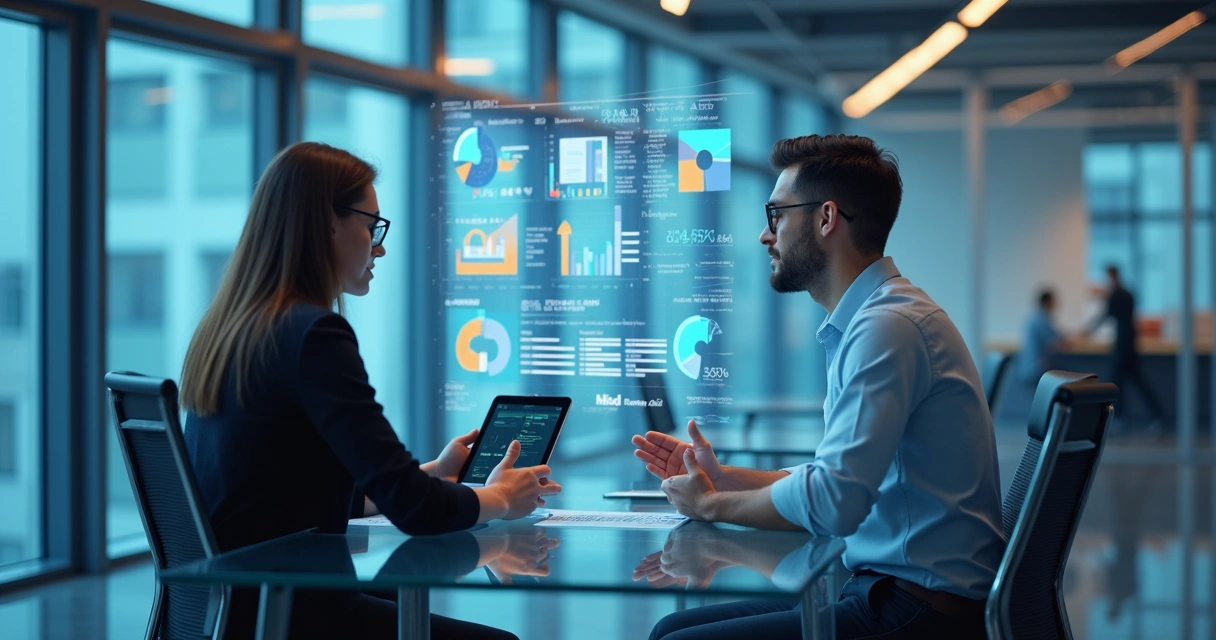 Empresário analisa gráficos digitais mostrando dados de buyer persona B2B 