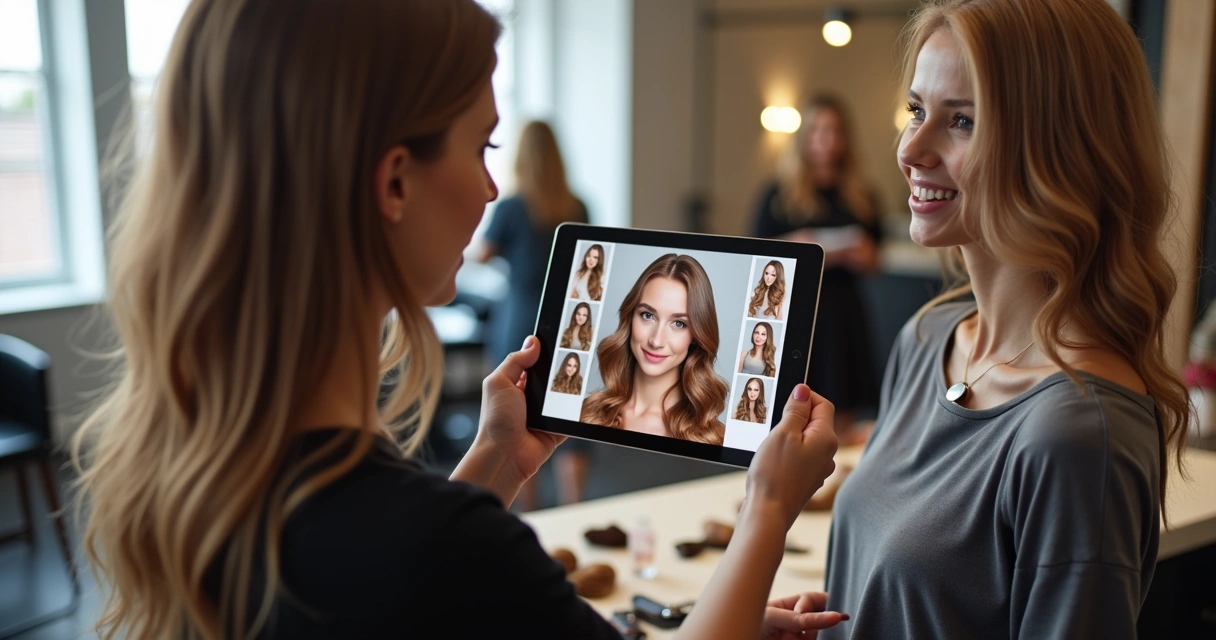 Profissional de beleza fazendo diagnóstico capilar personalizado em cliente usando tablet para comparar tons 