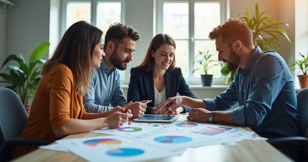 Profissionais analisando gráficos e anotações de pesquisa após um grupo de foco 