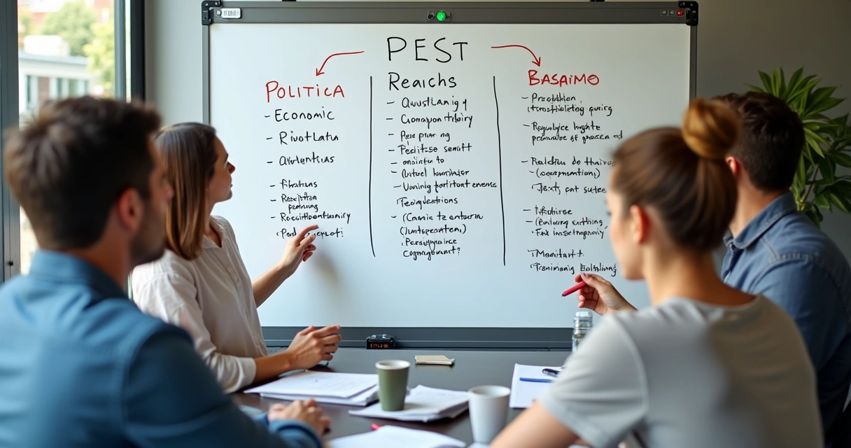 Quadro branco com itens PEST destacados para o Brasil 
