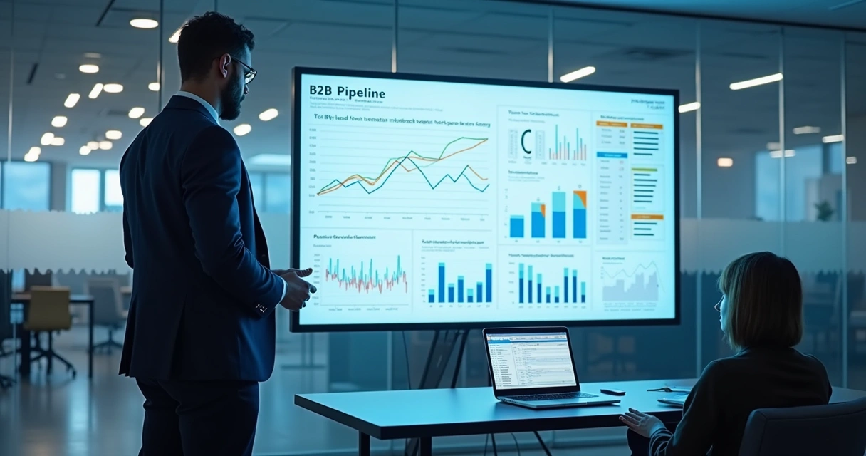 Painel de pipeline B2B com vendedor analisando oportunidades