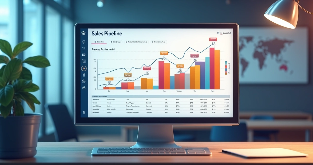 Gráfico colorido mostrando pipeline de vendas com indicadores de performance 
