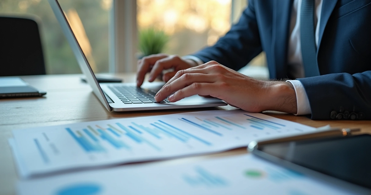 Profissional PJ analisando gráficos em notebook no escritório 