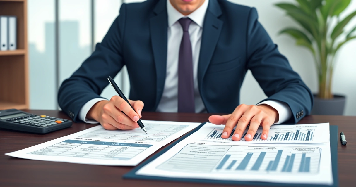 Pessoa analisando apólice de seguro e calculadora sobre a mesa, simbolizando planejamento financeiro 