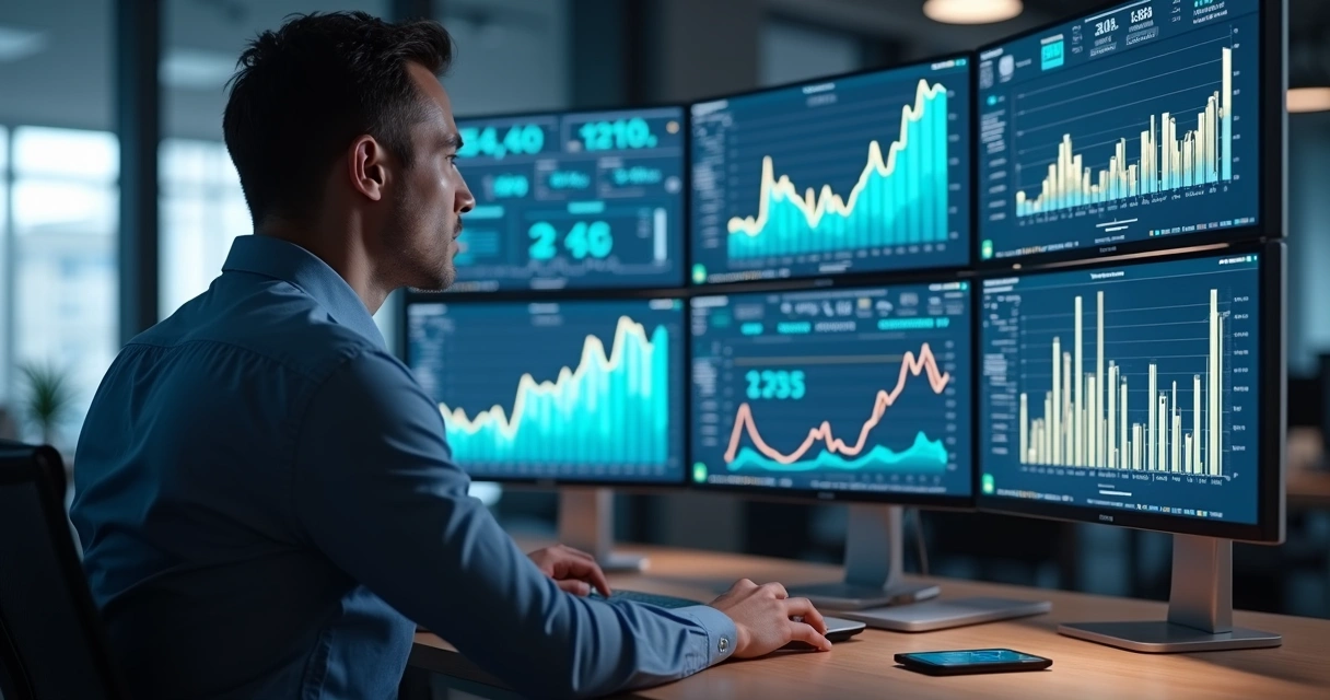 Profissional de contabilidade analisando gráficos e campanhas de anúncios em múltiplas telas