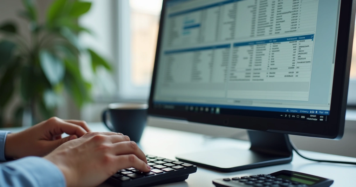 Profissional revisando planilha de contabilidade na tela do computador 