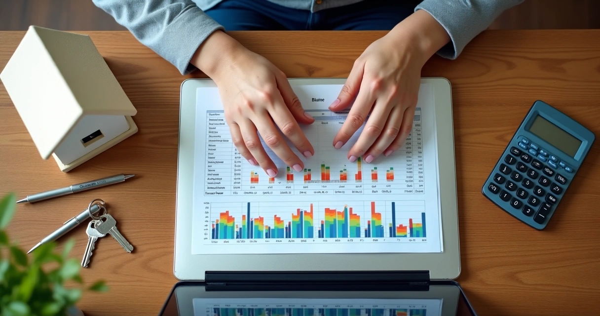 Pessoa analisando planilha de investimentos imobiliários na mesa 