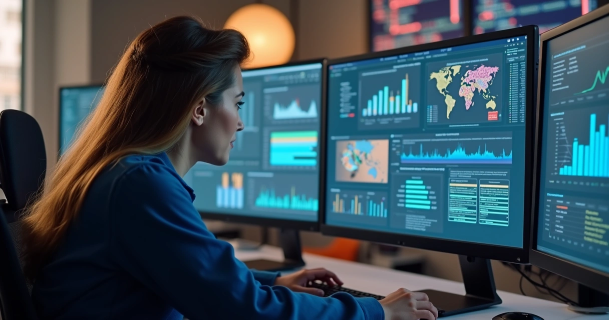 Profissional confere gráficos coloridos e planilha organizada por IA na tela do computador 