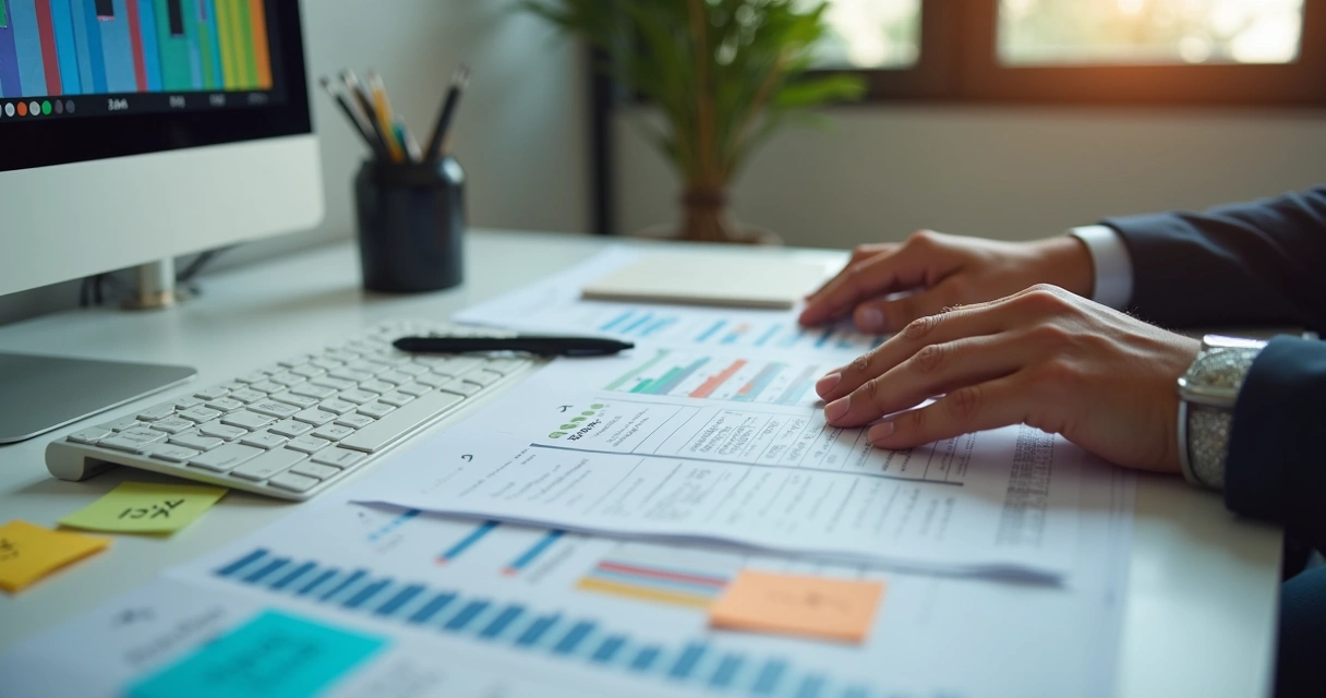 Profissional analisa planilhas fiscais e computador 