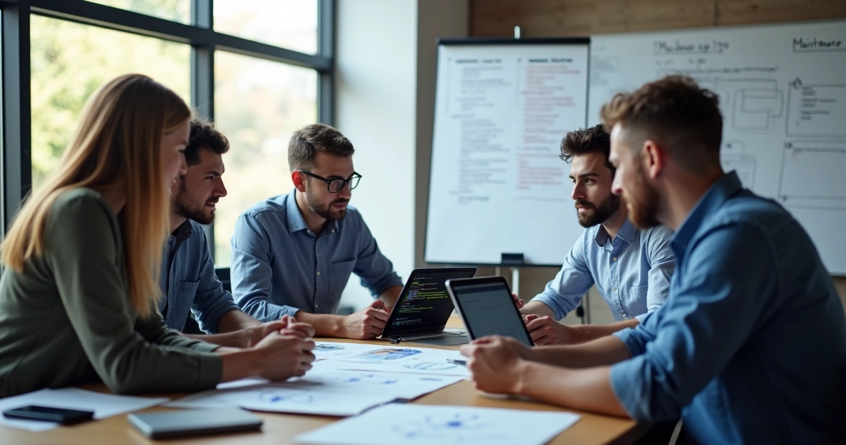 Equipe analisa plano de manutenção em reunião 