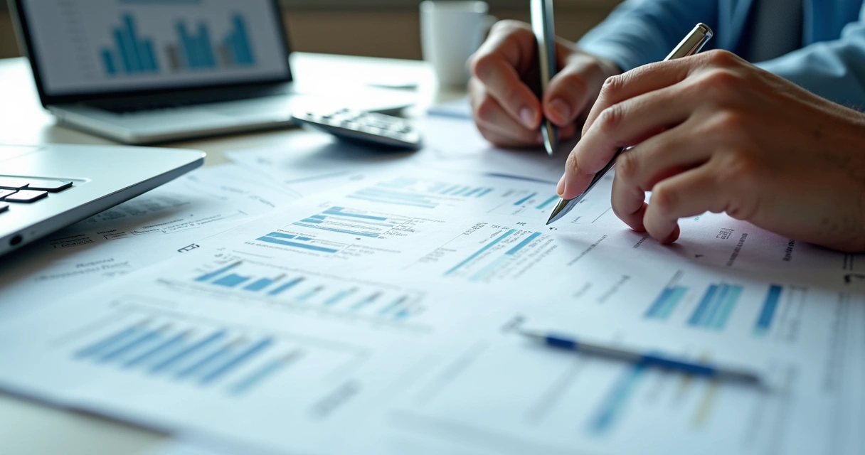 Pessoa analisando contrato de plano de saúde com calculadora e documentos