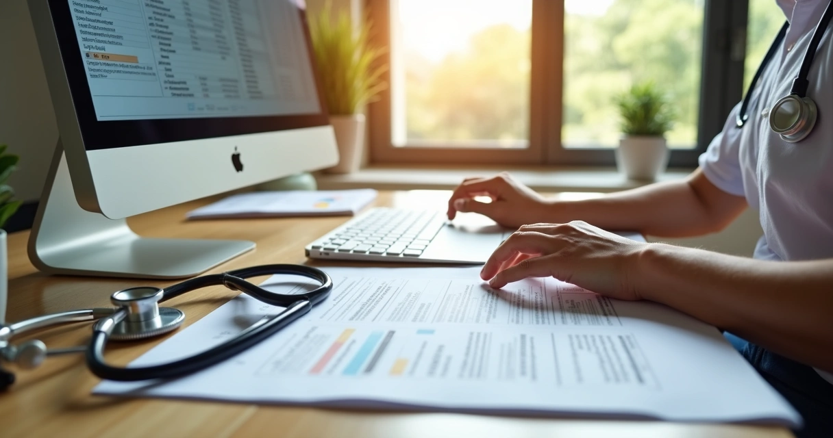 Pessoa comparando tabelas de planos hospitalares na tela do computador 