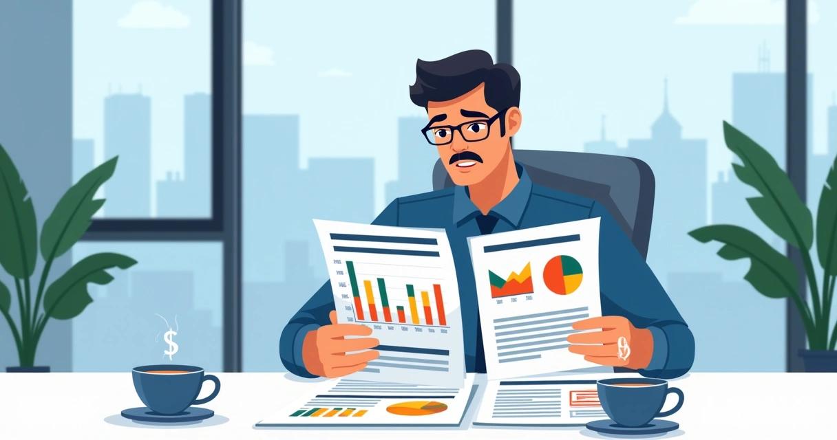 Homem analisando planos de previdência com gráficos e papéis 