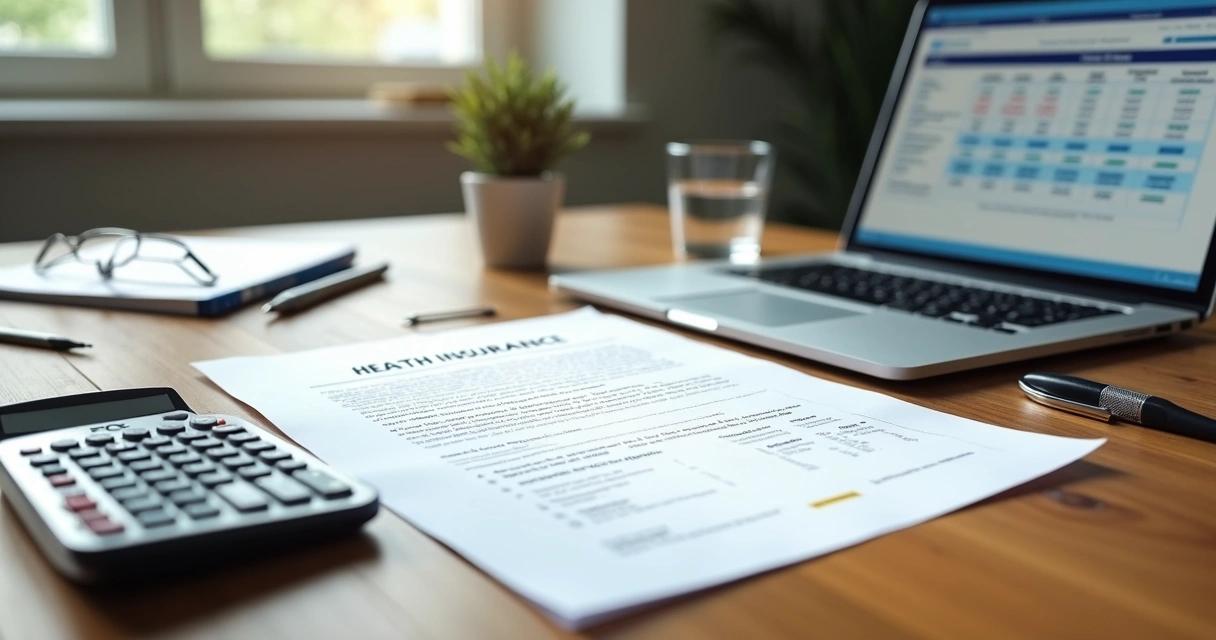 Mesa de trabalho com contrato de plano de saúde, calculadora e laptop exibindo tabelas de preços 