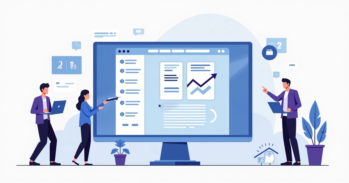 Ilustração de painel de criação de landing page com recursos avançados do GreatPages 