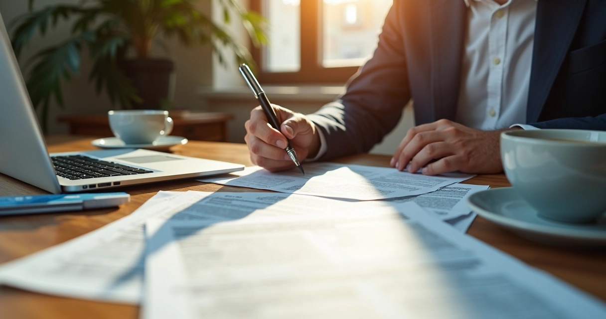 Corretor de seguros analisando documentos de apólices em uma mesa com notebook e caneta 
