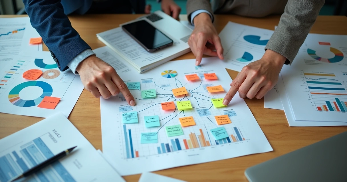 Vista sobre mesa de trabalho com gráficos, anotações e duas pessoas identificando combinações de produtos diferentes. 