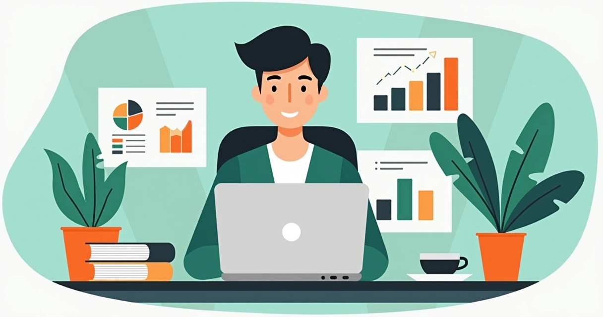 Pessoa analisando portfólio digital em notebook com gráficos e site de agência