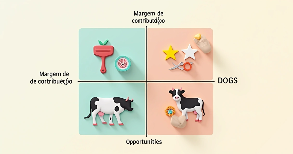 Quadro de matriz de decisão de portfólio de produtos, com eixos de margem e volume de vendas, vários produtos posicionados entre estrela, vaca leiteira, problema e oportunidade, cor de fundo clara, visual corporativo. 