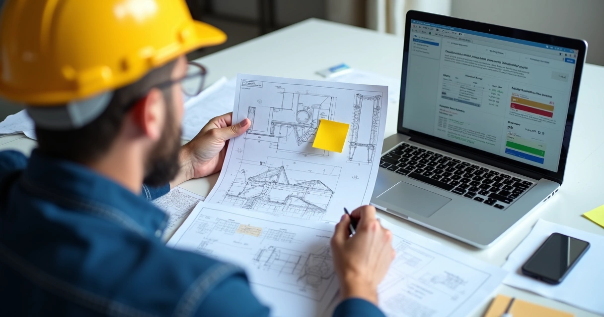 Engenheiro analisando relatórios de obra 