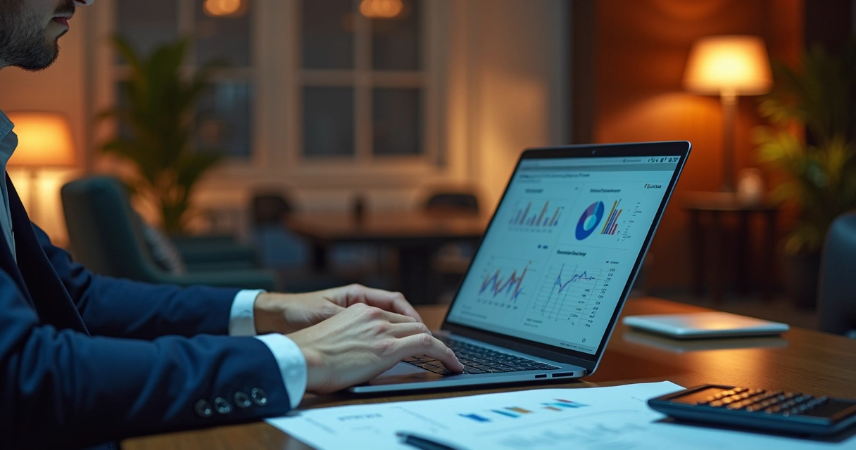 Profissional analisando gráficos financeiros e planilhas em laptop moderno 
