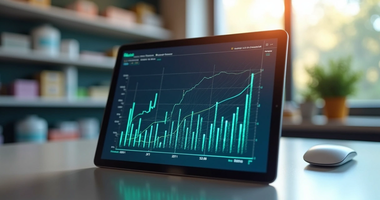 Gráfico digital e loja ao fundo, destacando análise de preços 