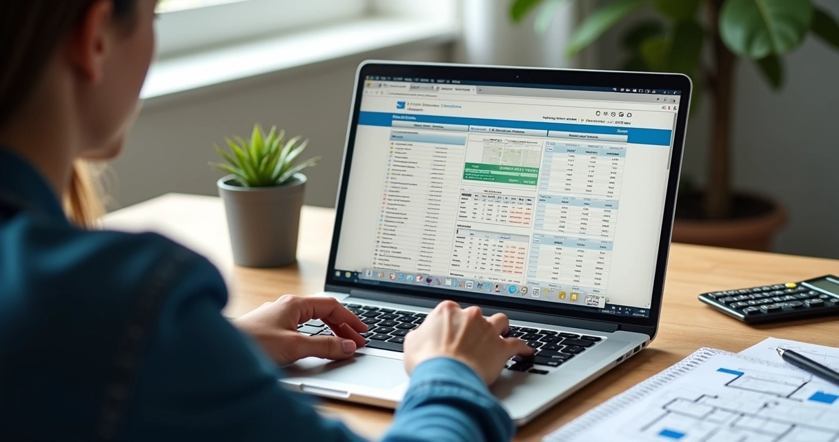 Pessoa analisando preços de imóveis em um laptop 