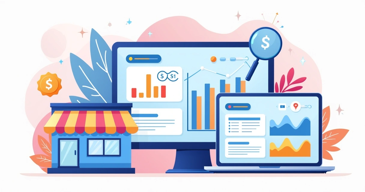 Painel digital com gráficos de preços e loja virtual ao fundo 