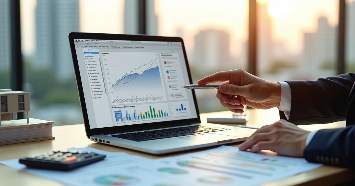 Corretora avaliando preço de venda de imóvel em tela com gráfico 