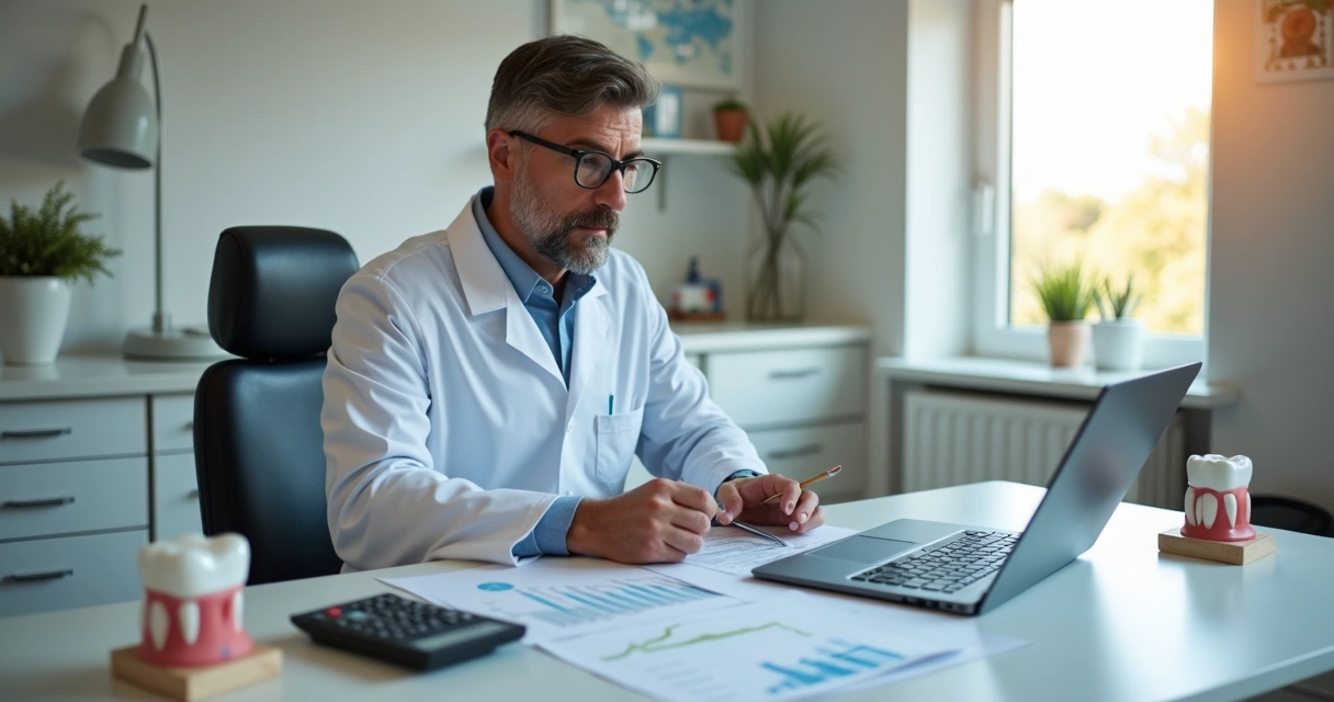 Dentista analisando planilhas de custos em consultório 