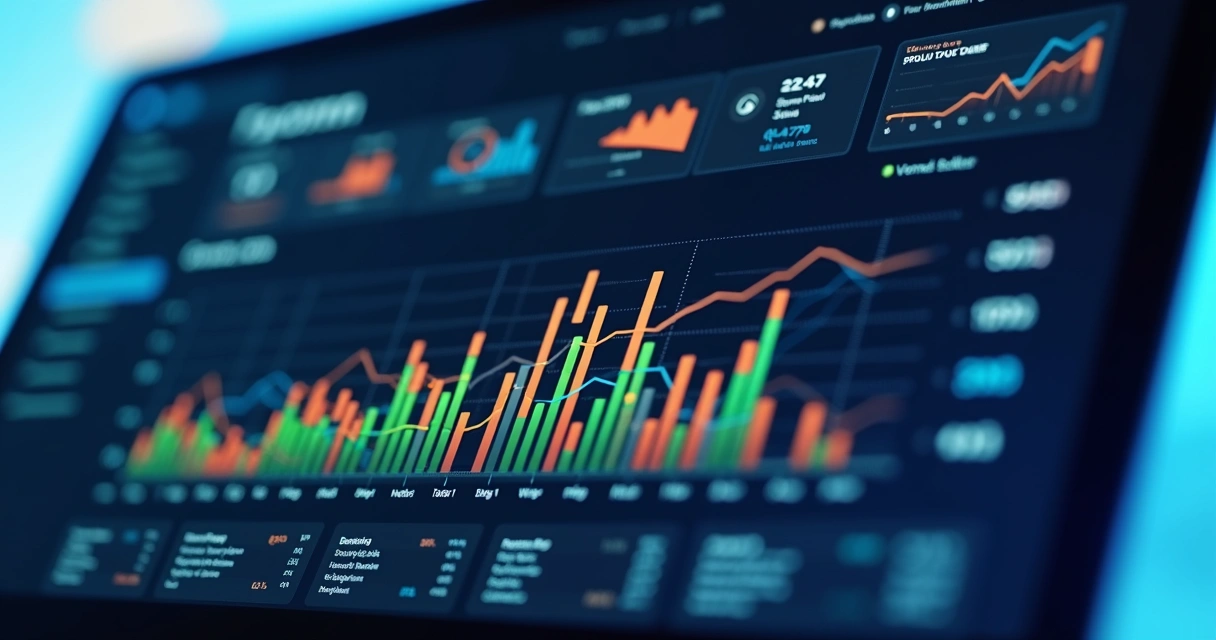 Tela de painel BI exibindo gráficos e comparação de preços entre produtos em marketplace