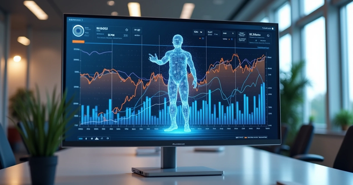 Painel empresarial com gráficos e agente digital analisando tendências 