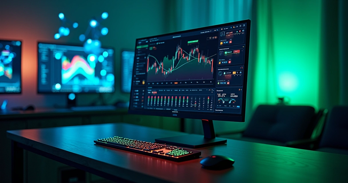 Tela de computador com gráfico preditivo sobre apostas online em ambiente escuro tecnológico 