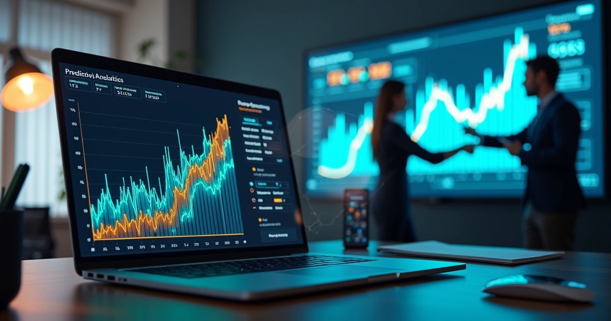 Gráfico de vendas em alta sobre tela de notebook com visualização de dados 