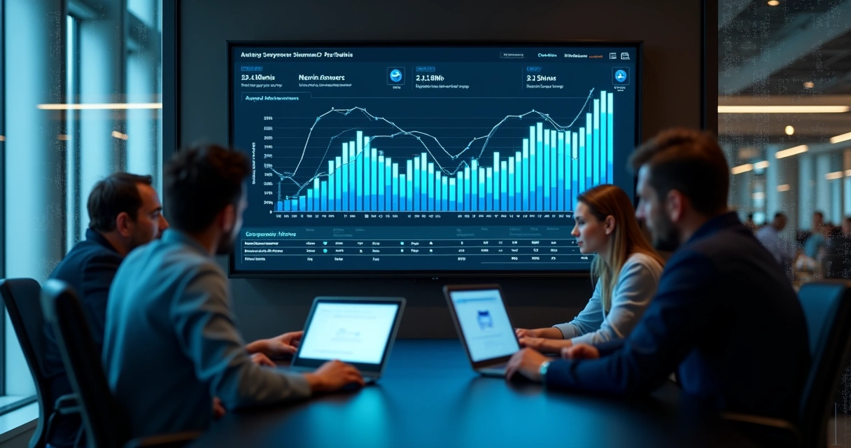 Painel de análise preditiva com gráficos de crescimento de SaaS em tela grande 