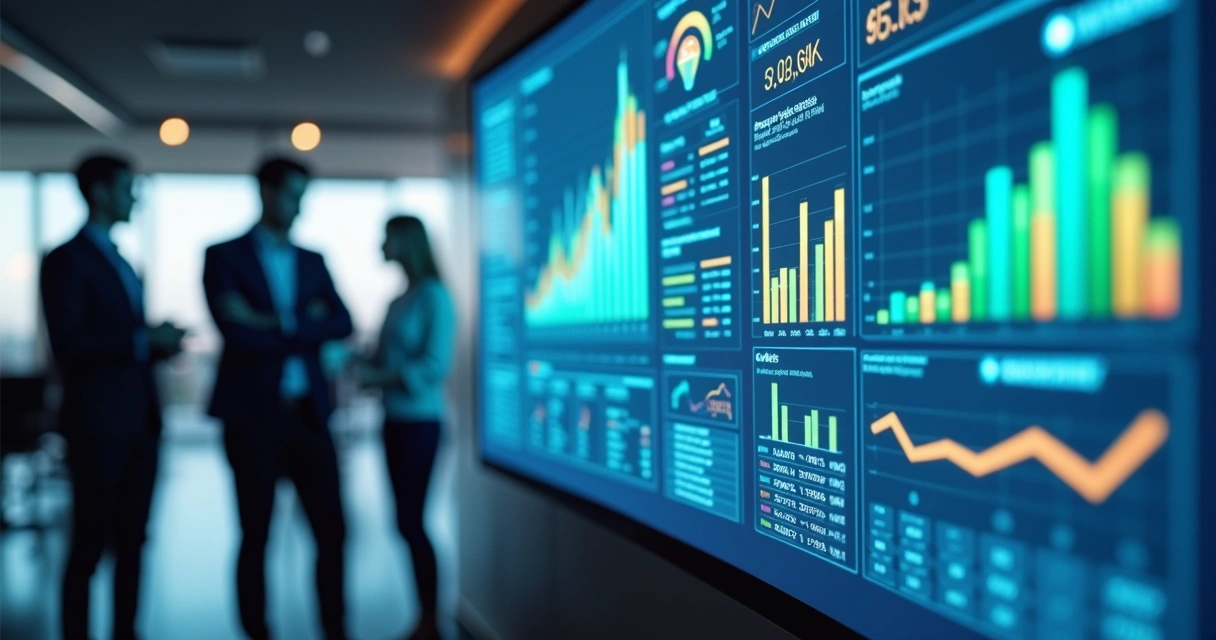 Dashboard de CRM mostrando análise preditiva com gráficos e indicadores de vendas em ambiente corporativo moderno 