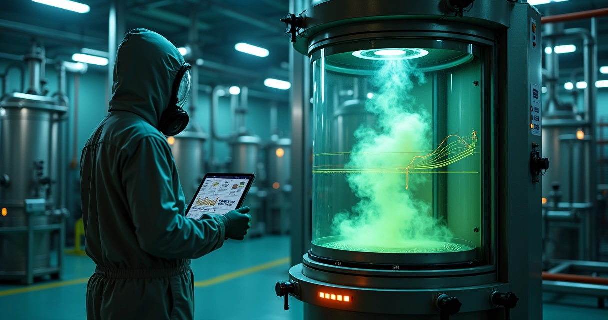 Cientista observando nuvem colorida de gás com sobreposição de dados preditivos 