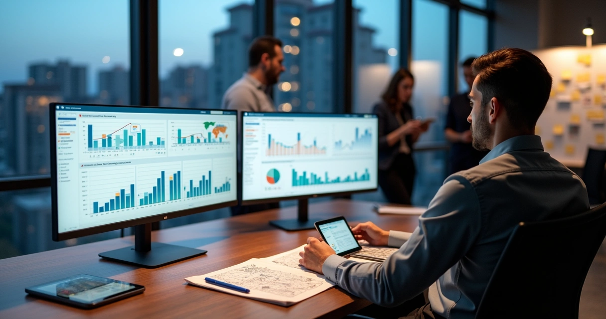 Gestor imobiliário analisando painel de dados preditivos em escritório moderno 