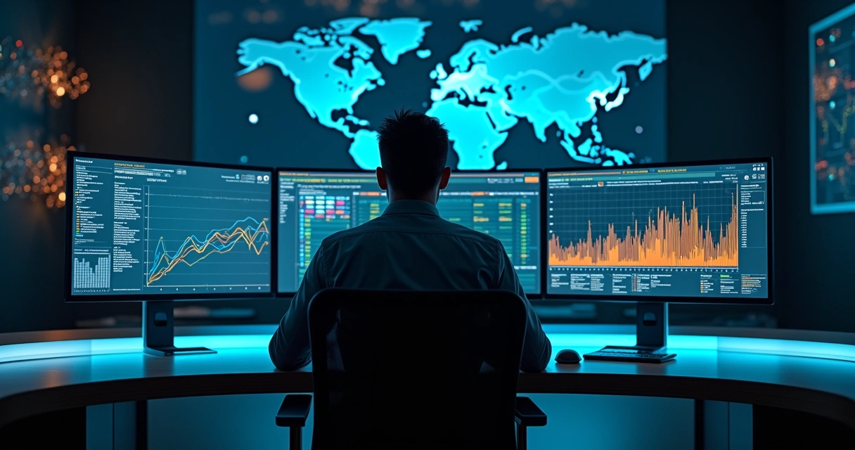 Profissional de TI analisando painel curvo com gráficos preditivos de infraestrutura digital 