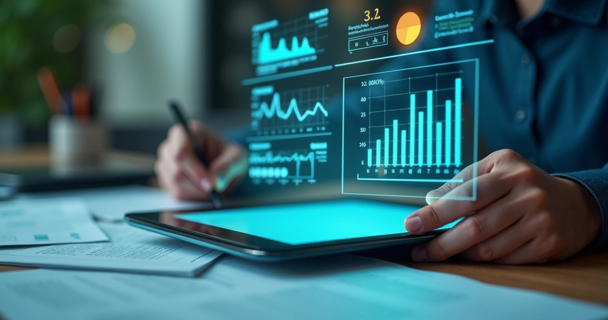 Analista imobiliário revisando contrato digital com gráficos de IA ao fundo