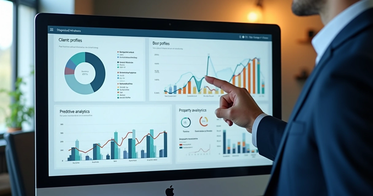 Tela de CRM mostrando gráficos de análise preditiva imobiliária 