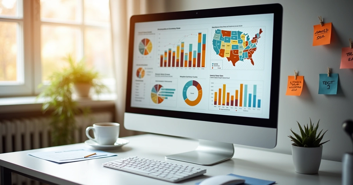 Monitor com gráficos de análise preditiva de vendas imobiliárias. 