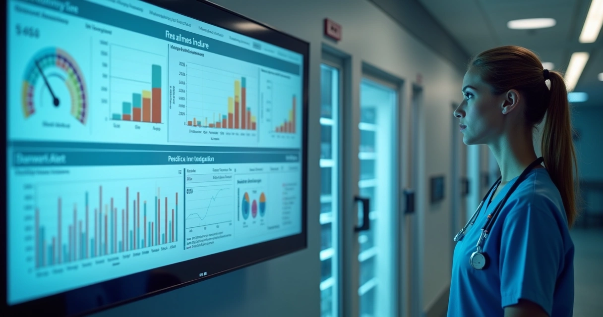 Painel digital mostrando análise preditiva em armazenamento hospitalar 