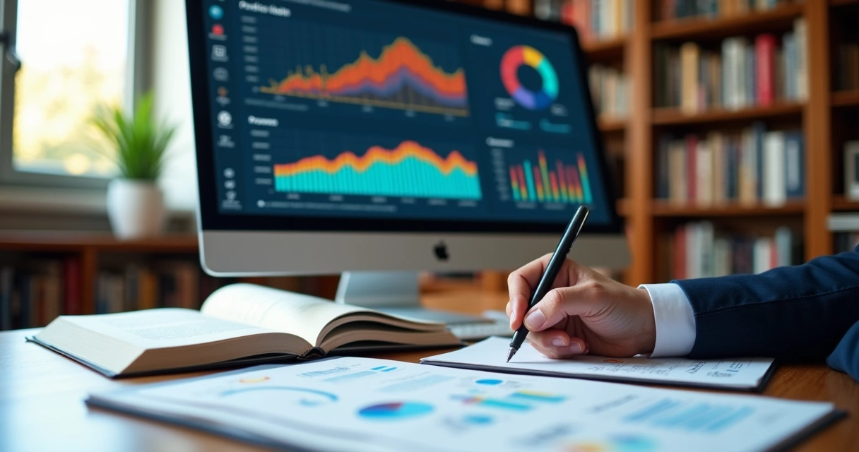 Gráfico de análise preditiva em tela de computador de escritório jurídico 