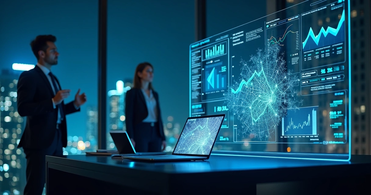 Painel com gráficos preditivos sobre mercado imobiliário em escritório moderno 