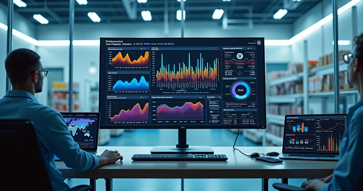 Tela de computador exibindo gráficos de análise preditiva com dados de sensores IoT em ambiente de armazenamento de insumos sensíveis 