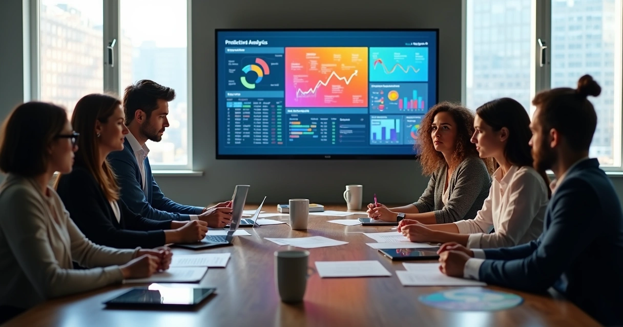 Equipe de vendas reunida em volta de uma mesa com gráficos preditivos projetados na parede.