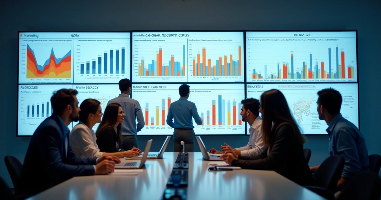 Equipe analisando resultados de segmentação e análise preditiva de dados de marketing em telas digitais 