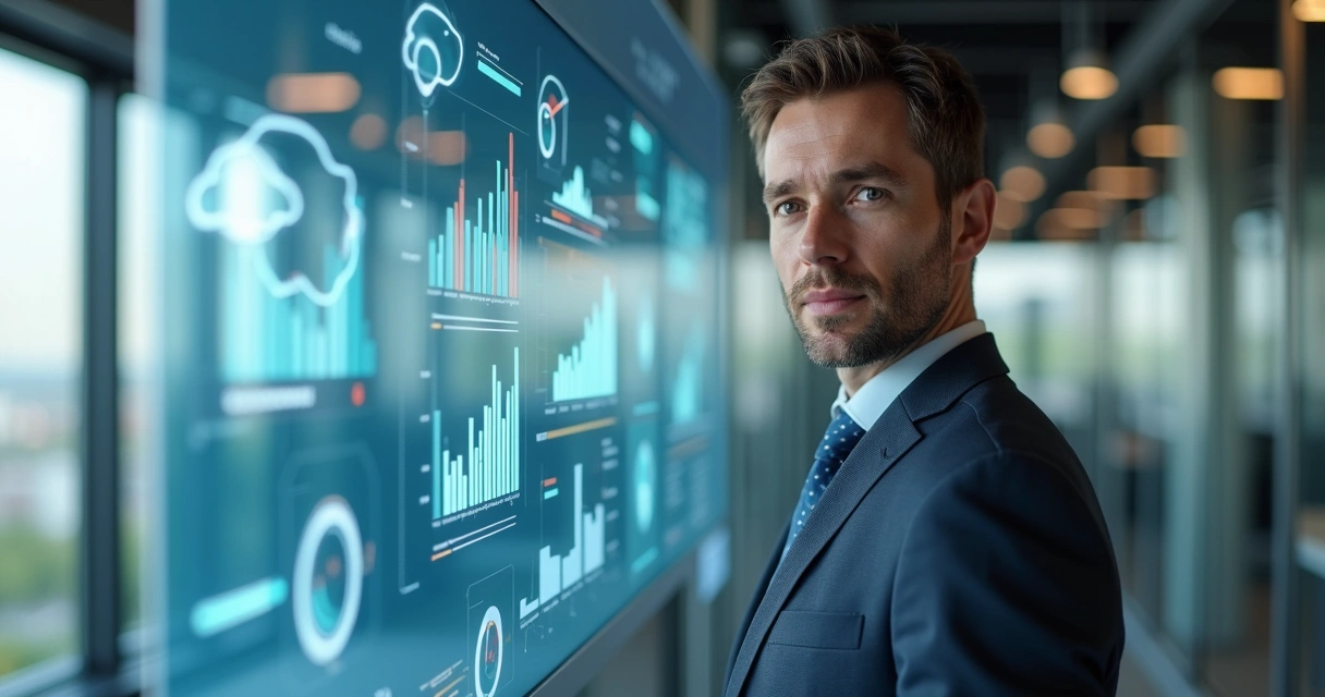 Executivo observando painel digital com previsões de aprendizado