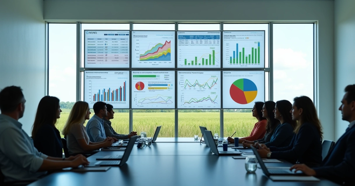 Equipe analisando dashboards preditivos de safra e vendas de uma usina 